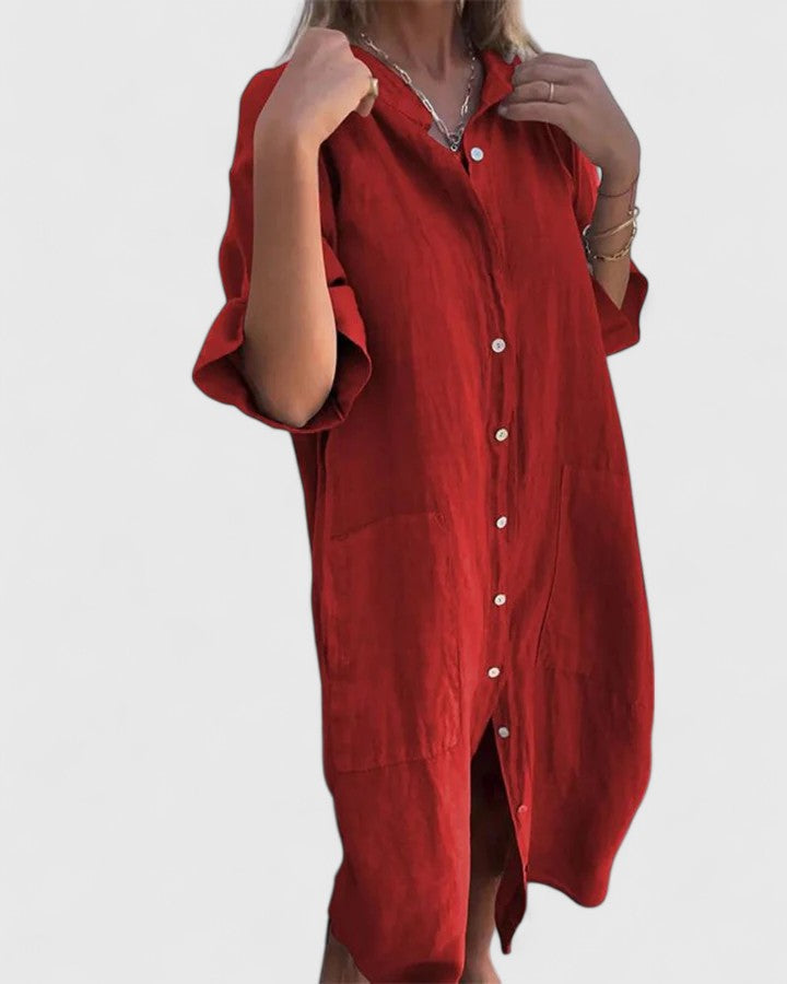 Collared Button Front Rolled Sleeve Pocket Linen Shirt Midi Dress