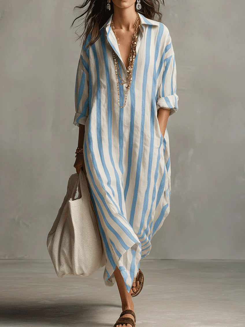 Collared Striped Long Sleeve Oversized Linen Shirt Maxi Dress 3