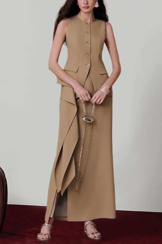 Ruffle Slit Skirt Elegant Two Piece Work Set