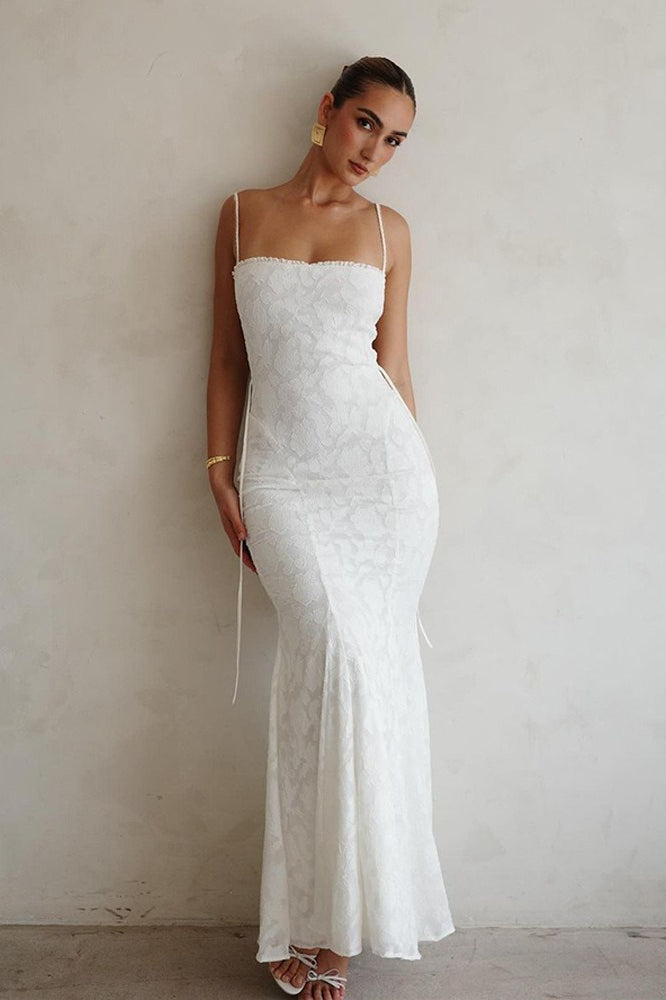 White Spaghetti Strap Back Lace-up Dress 4