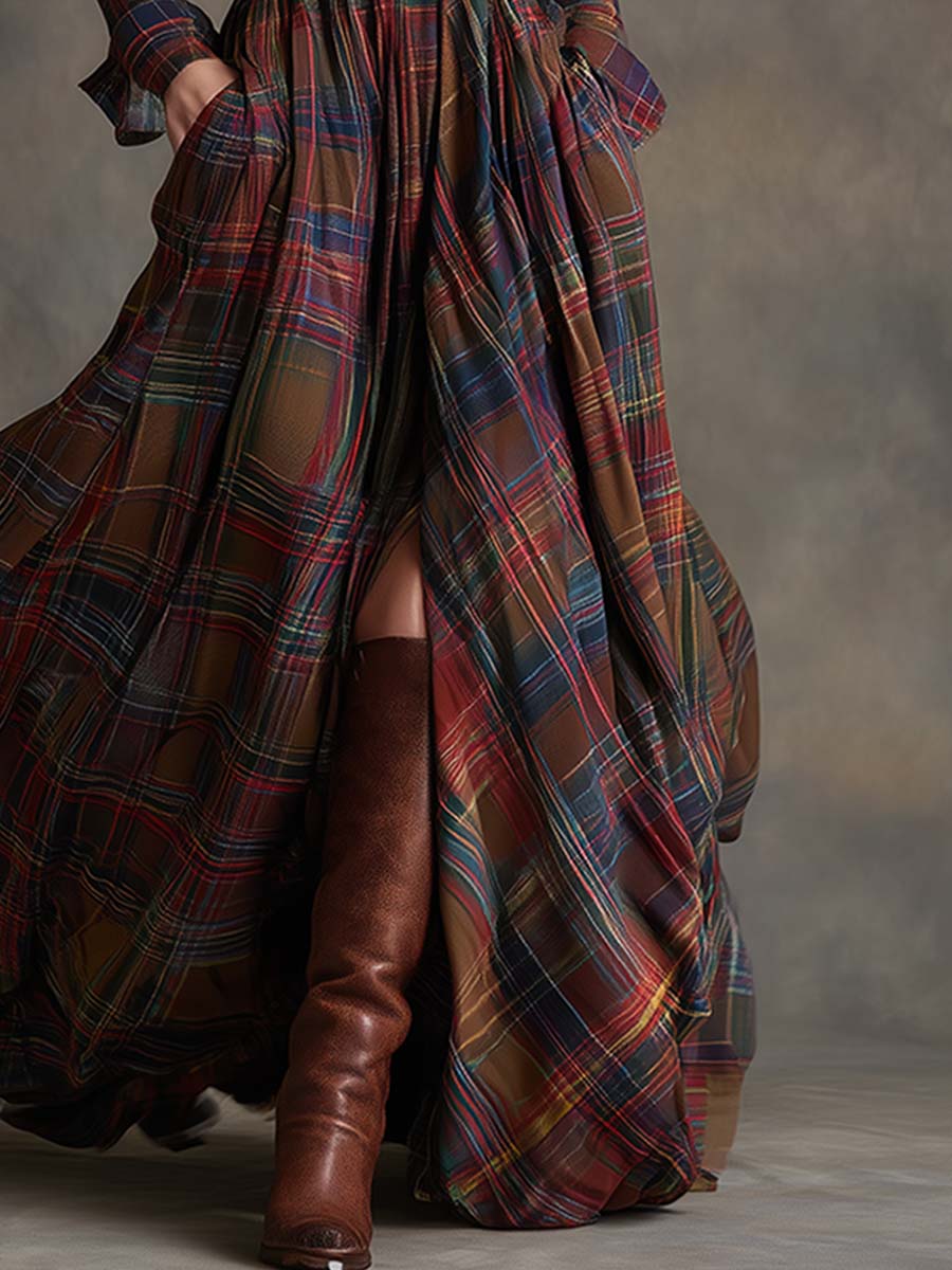 Collared Plaid Belted Long Sleeve High Slit Shirt Maxi Dress 7