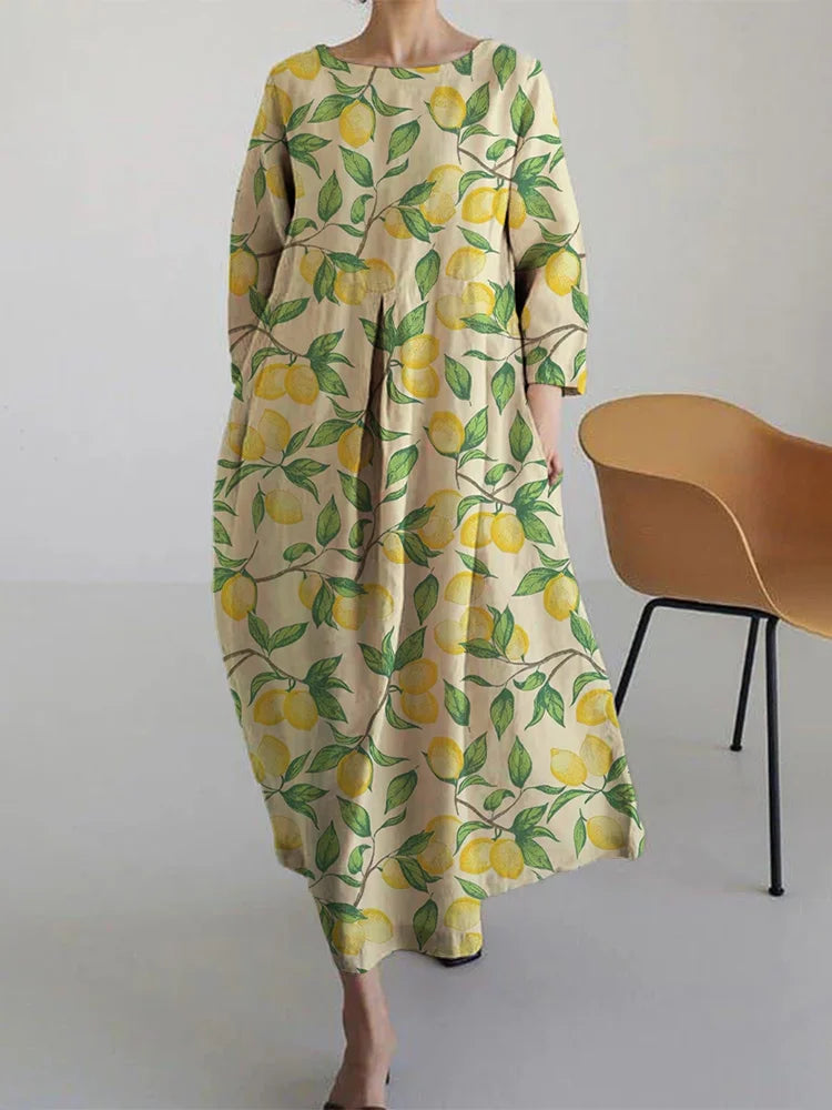 Color Photo Round Neck Lemon Print Long Sleeve Cocoon Maxi Dress