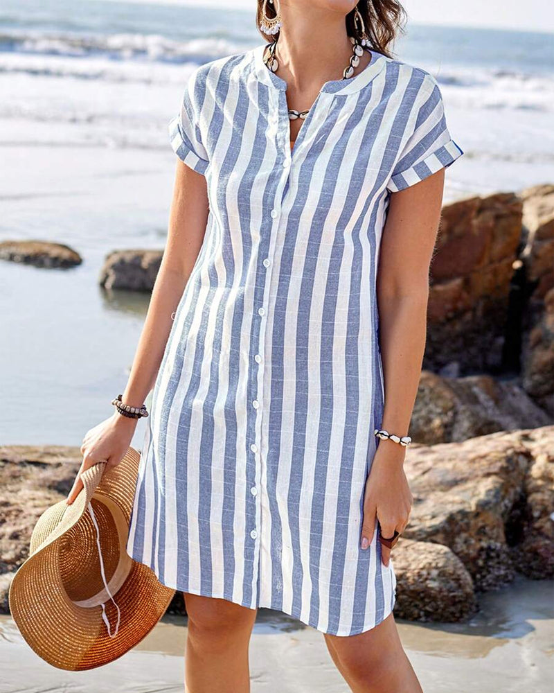 Band Collar Button Front Short Sleeve Striped Shirt Mini Dress