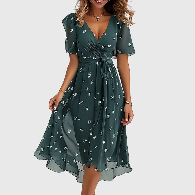 Surplice V-Neck Abstract Watercolor Print Flutter Sleeve Tie Waist Midi Dress