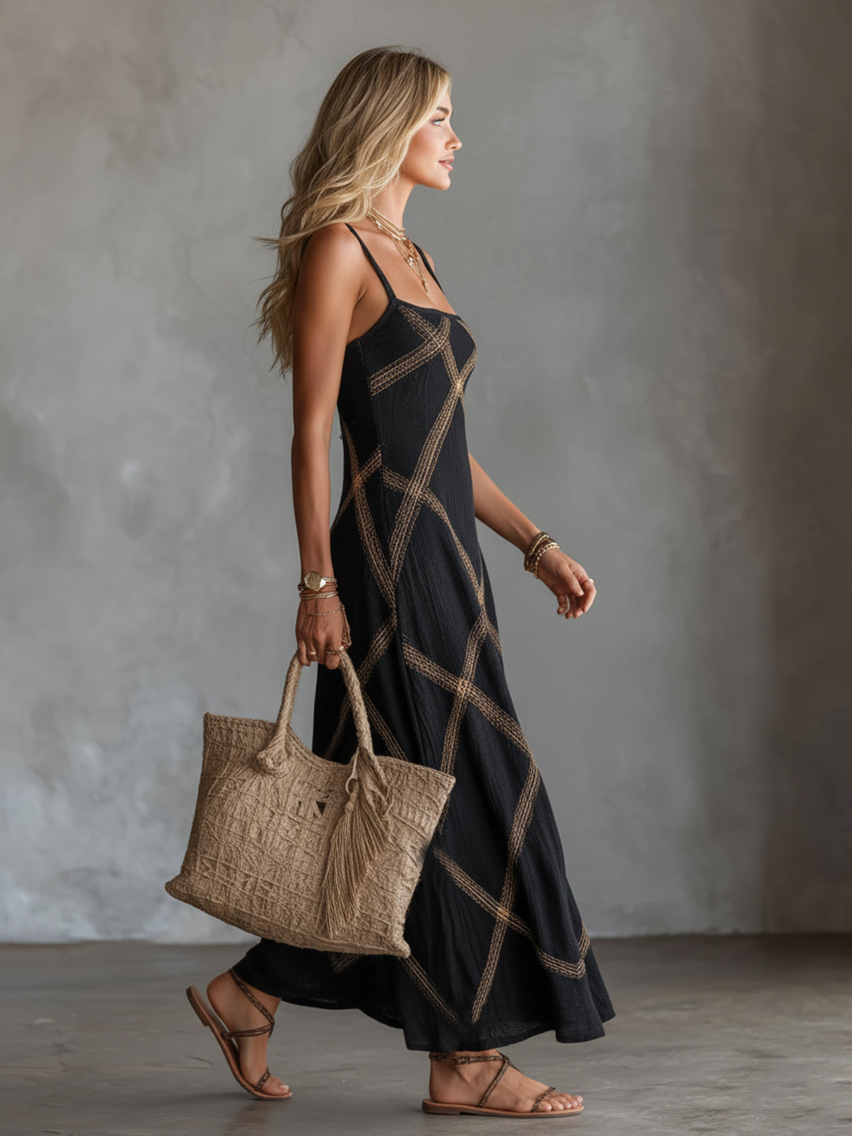 Square Neck Spaghetti Strap Embroidered Lattice Column Maxi Dress 4