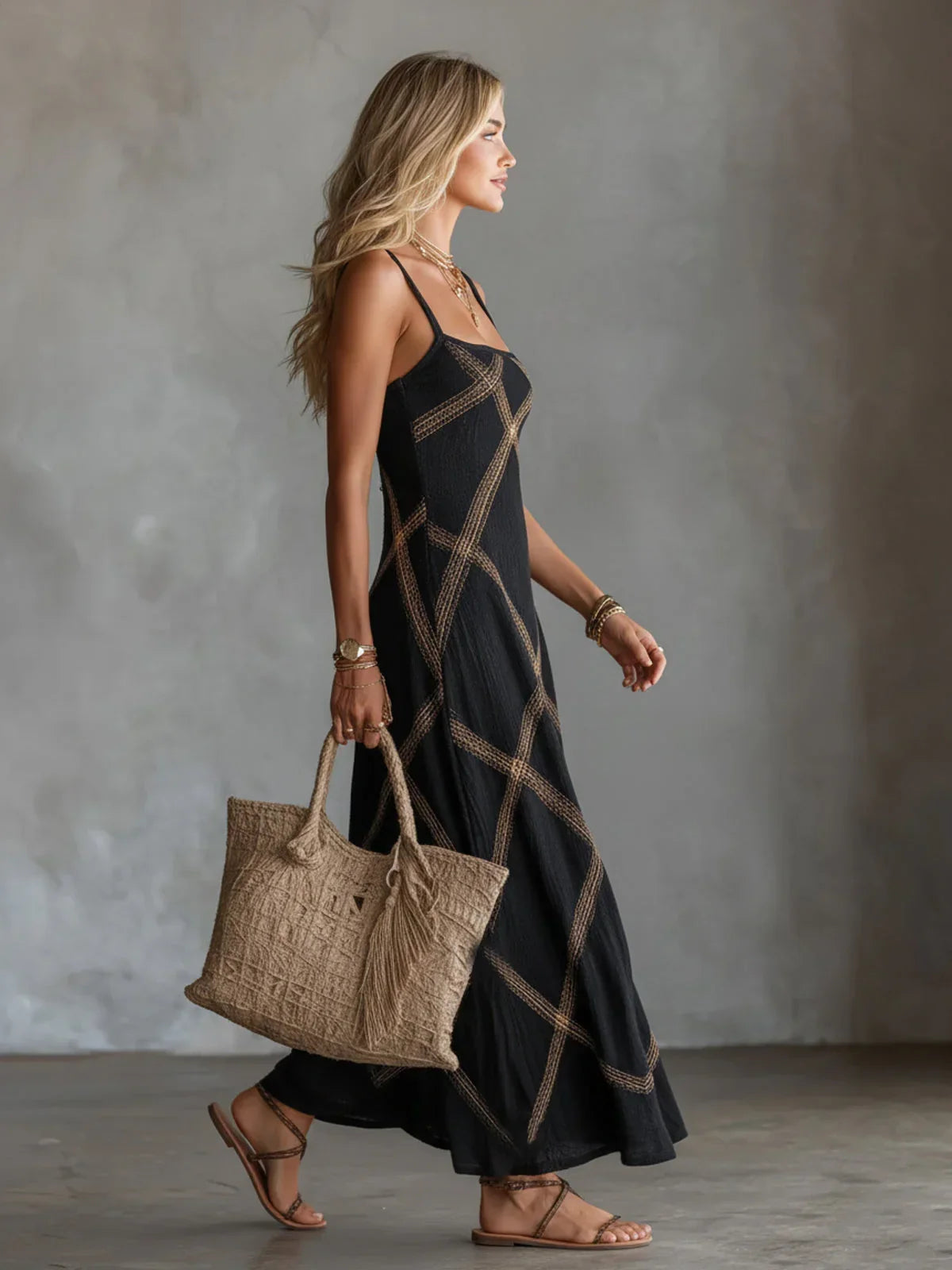 Square Neck Strappy Diamond Embroidered Bodycon Maxi Dress 2