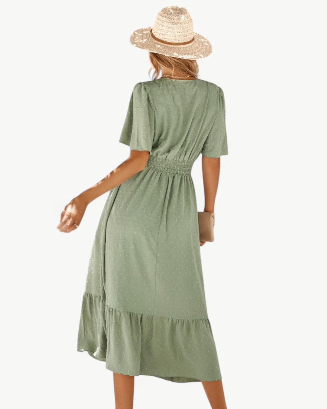 V-Neck Swiss Dot Flutter Sleeve Ruched Waist Tiered Midi Dress 6