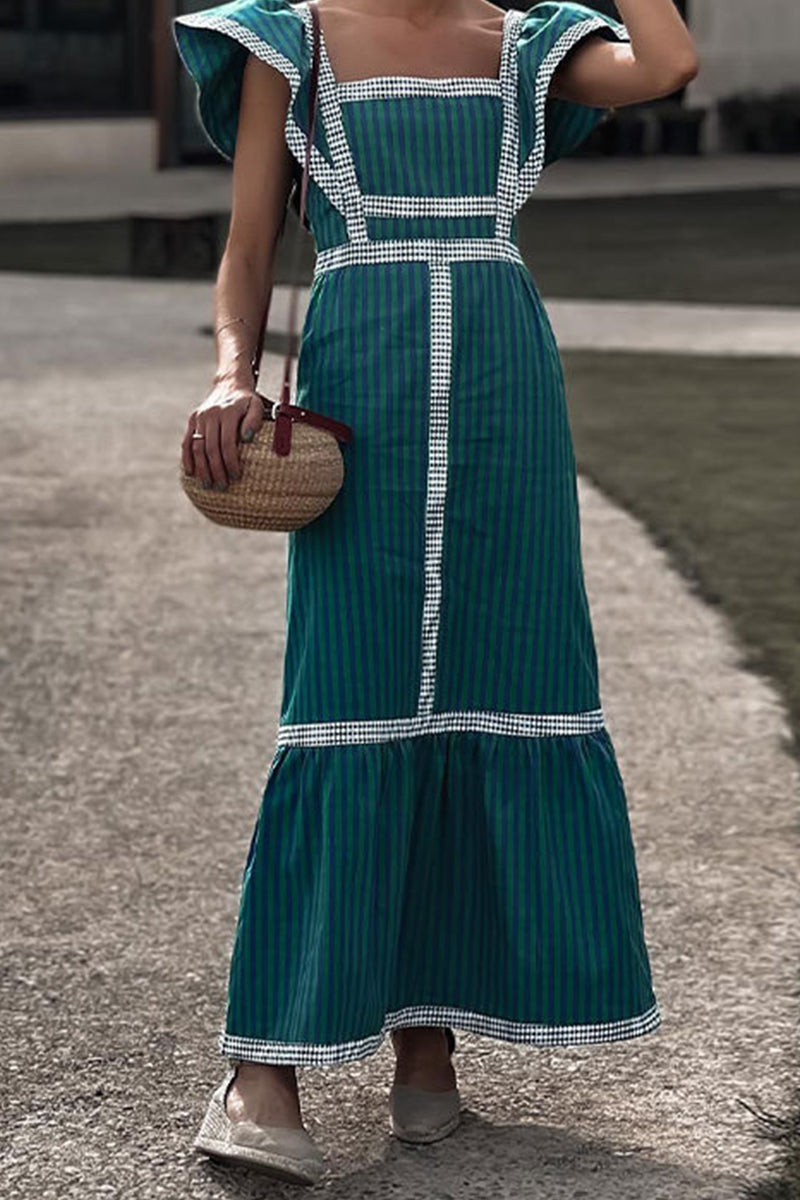 Keira Aesthetic Casual Plaid Patchwork Flounce Square Collar a Line Dresses Boutique Collection