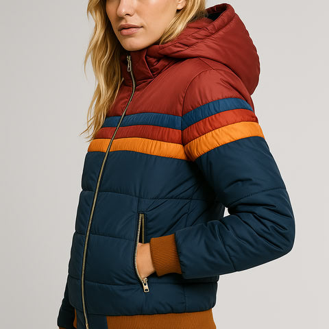 Hooded Zip-Up Colorblock Striped Puffer Jacket 8