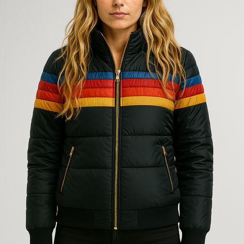Hooded Zip-Up Colorblock Striped Puffer Jacket 3