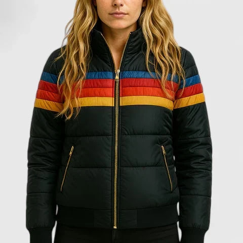 Stand Collar Zip-Front Retro Rainbow Stripe Puffer Jacket 2