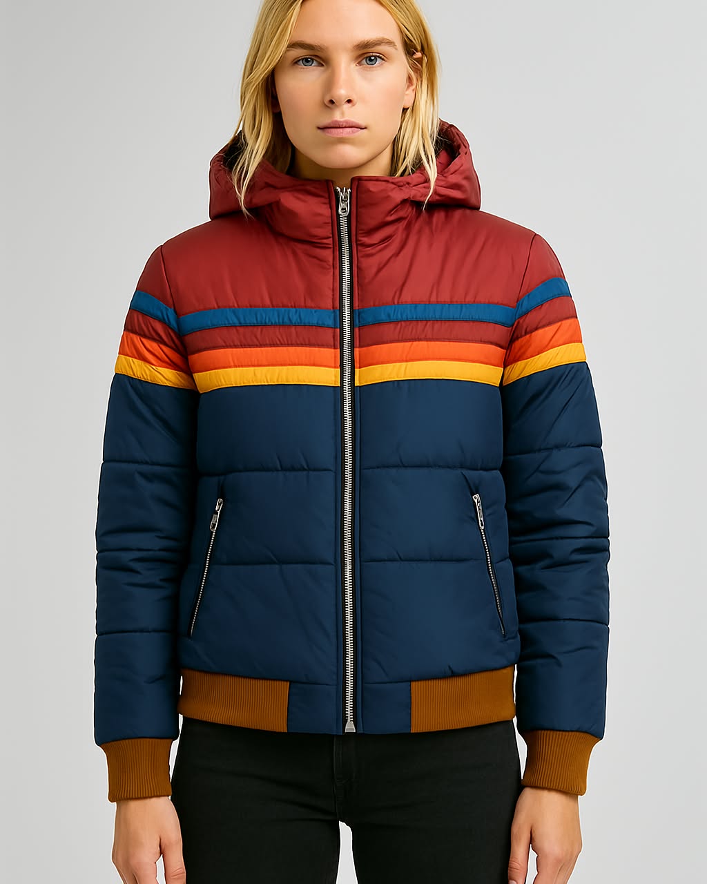 Hooded Zip-Up Colorblock Striped Puffer Jacket
