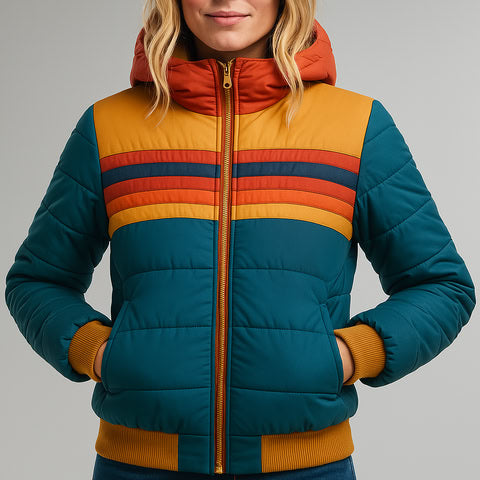 Hooded Zip-Up Colorblock Striped Puffer Jacket 2