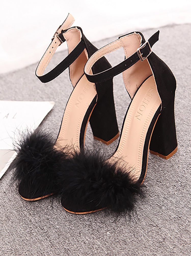Fur Pom Ankle Strap Open Toe Block Heel Sandals