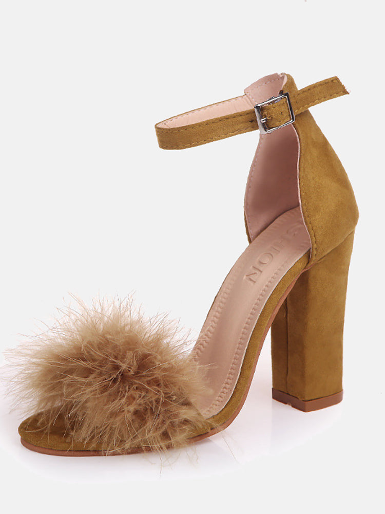 Fur Pom Ankle Strap Open Toe Block Heel Sandals