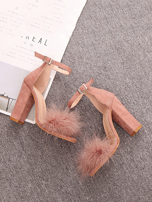 Fur Pom Ankle Strap Open Toe Block Heel Sandals