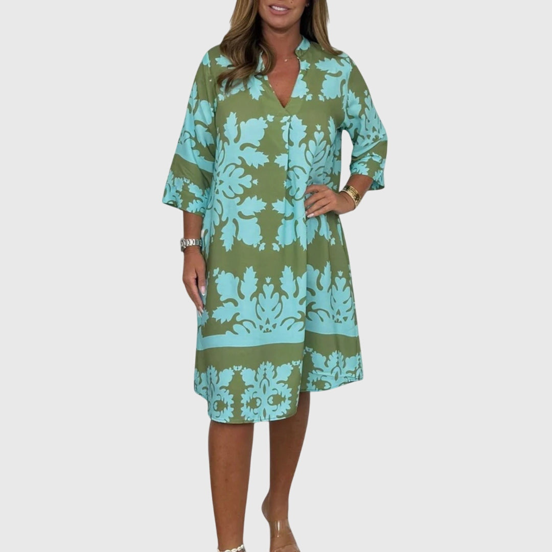 Split Neck Three-Quarter Sleeve Damask Print Shift Midi Dress
