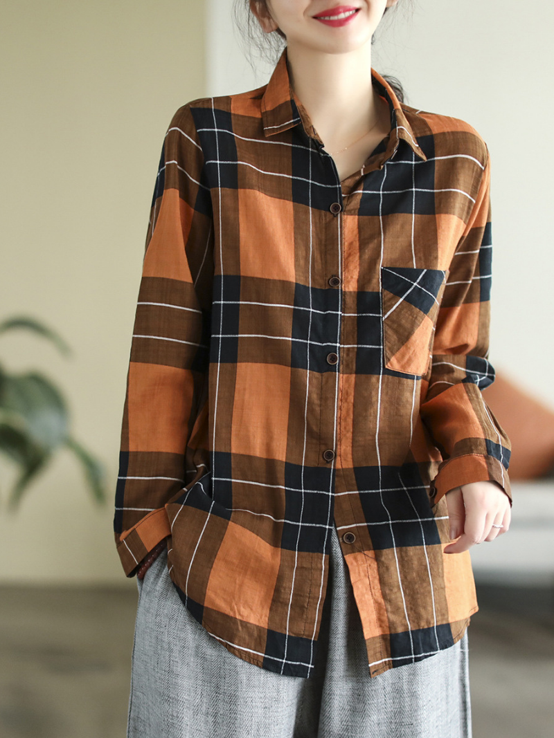 Collared Long Sleeve Plaid Button Front Chest Pocket Loose Shirt 2