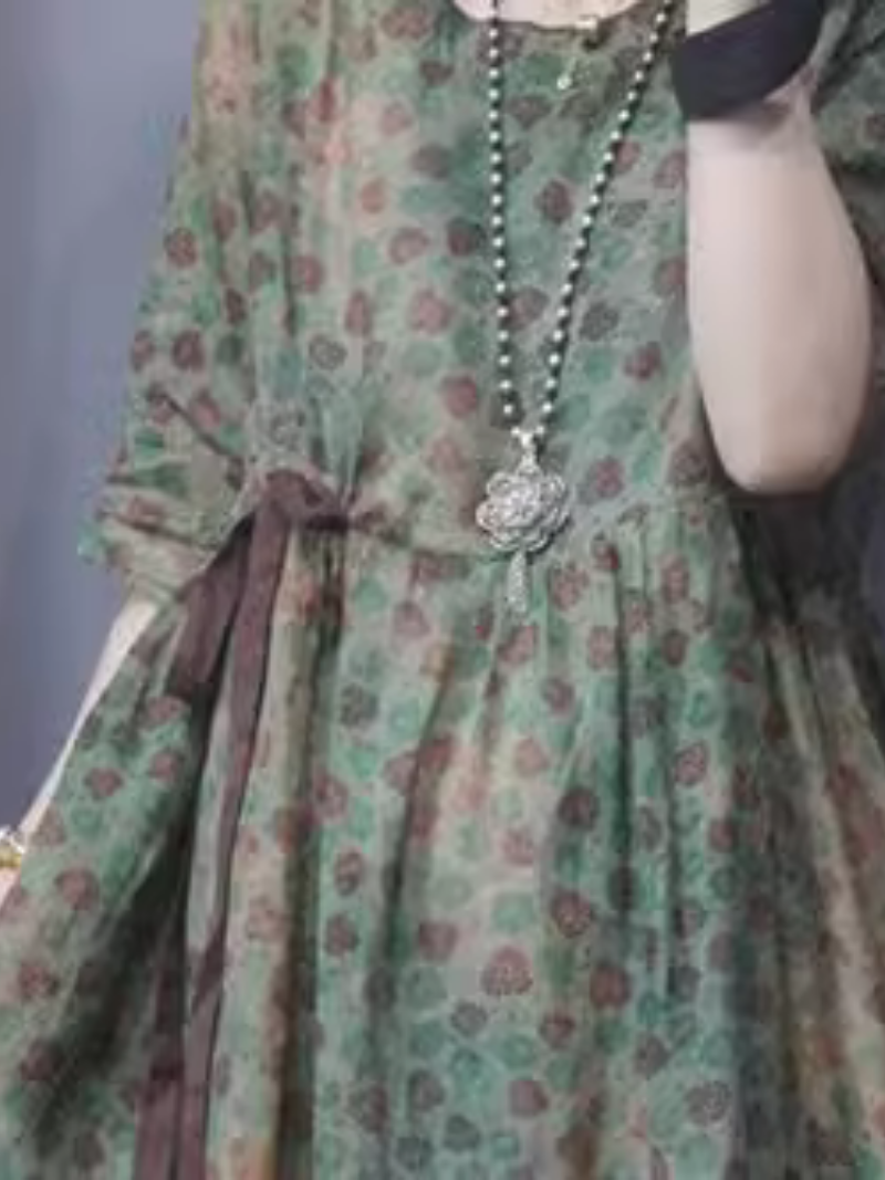 Round Neck Floral Print Side-Tie Short Sleeve A-Line Midi Dress