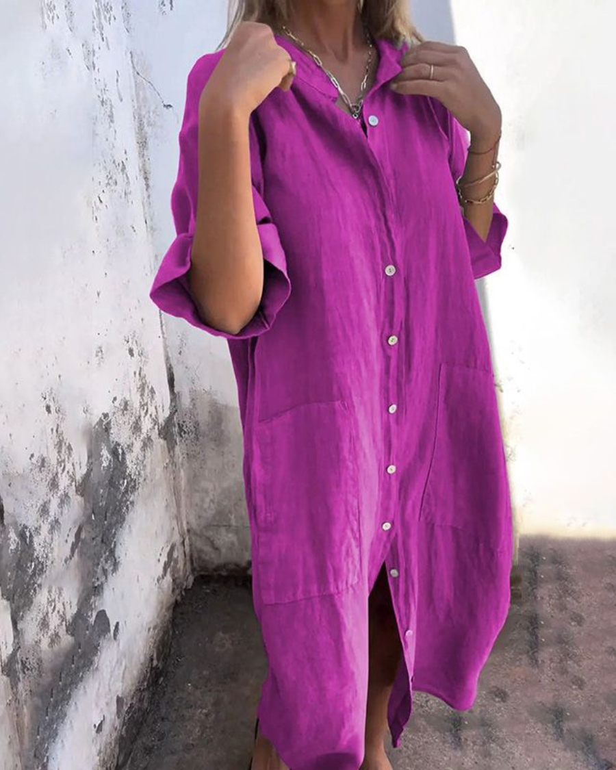 Collared Button Front Linen Pocket Shirt Midi Dress