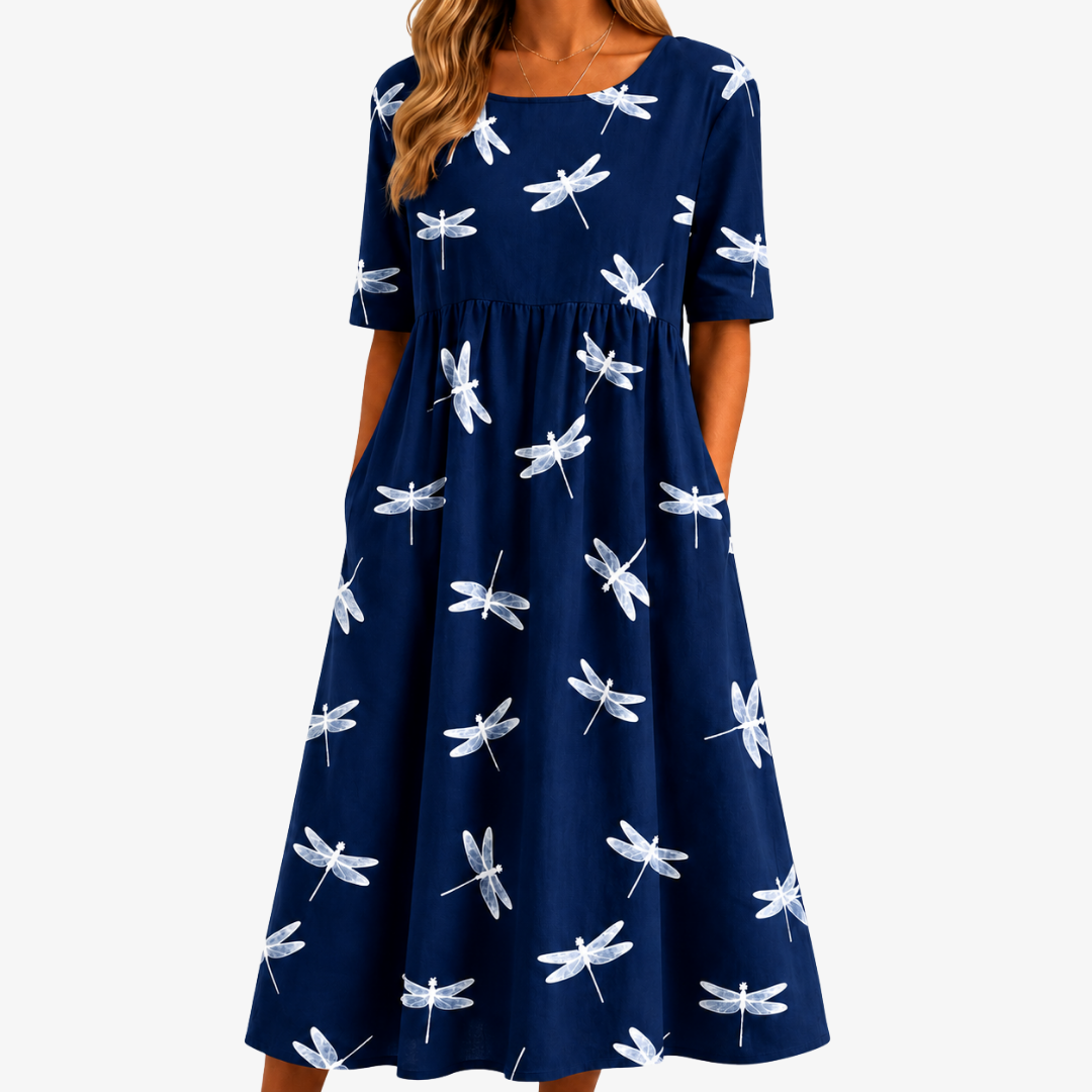 Square Neck Dragonfly Print Short Sleeve Pocket Babydoll Midi Dress