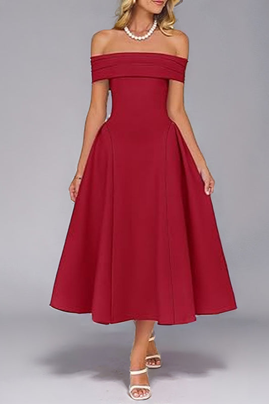 OffShoulder WaistCinched Solid Party Dress