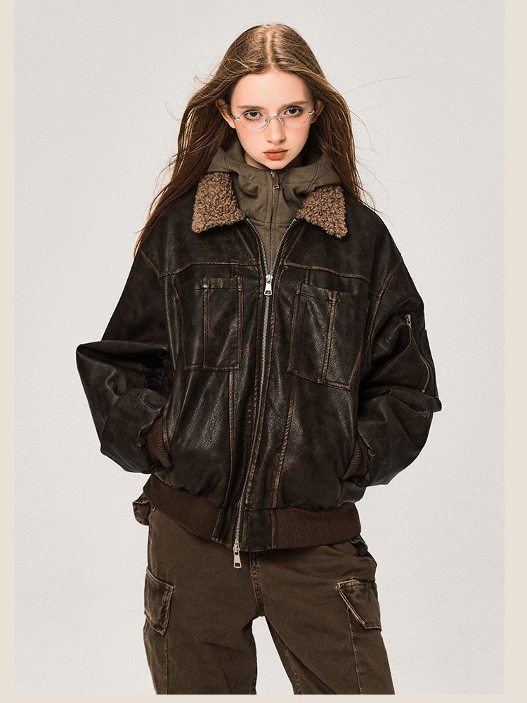 PU Leather Jacket with Lamb Wool Collar