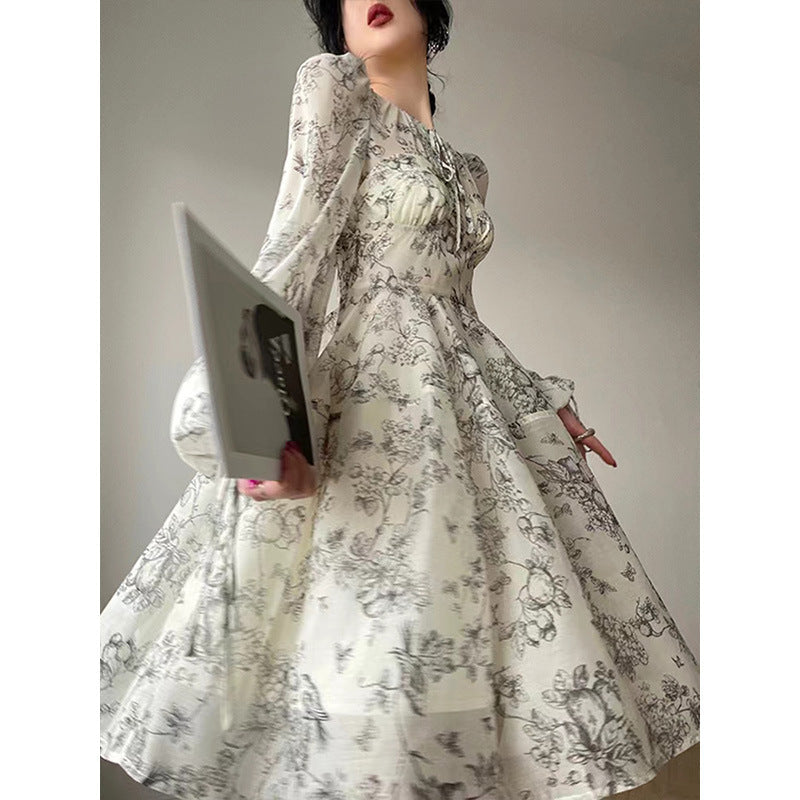 Beige Floral Print Long Sleeve Midi Dress
