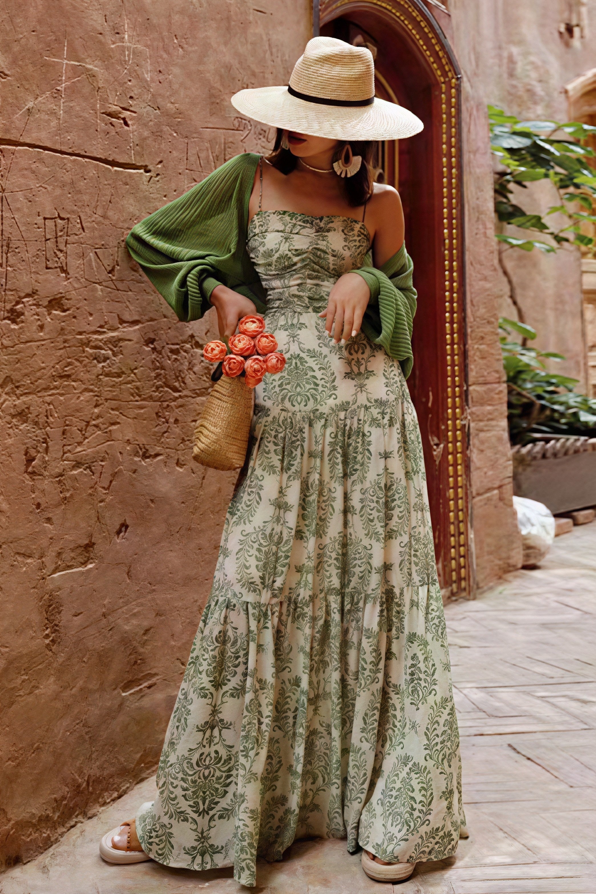 Green Spaghetti Strap Square Neck Ruched Damask Print Tiered Maxi Dress 4