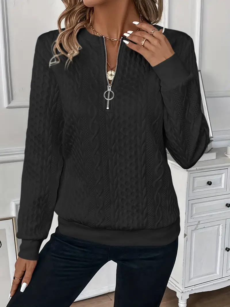 Round Neck Quarter Zip Cable Knit Long Sleeve Sweatshirt 11