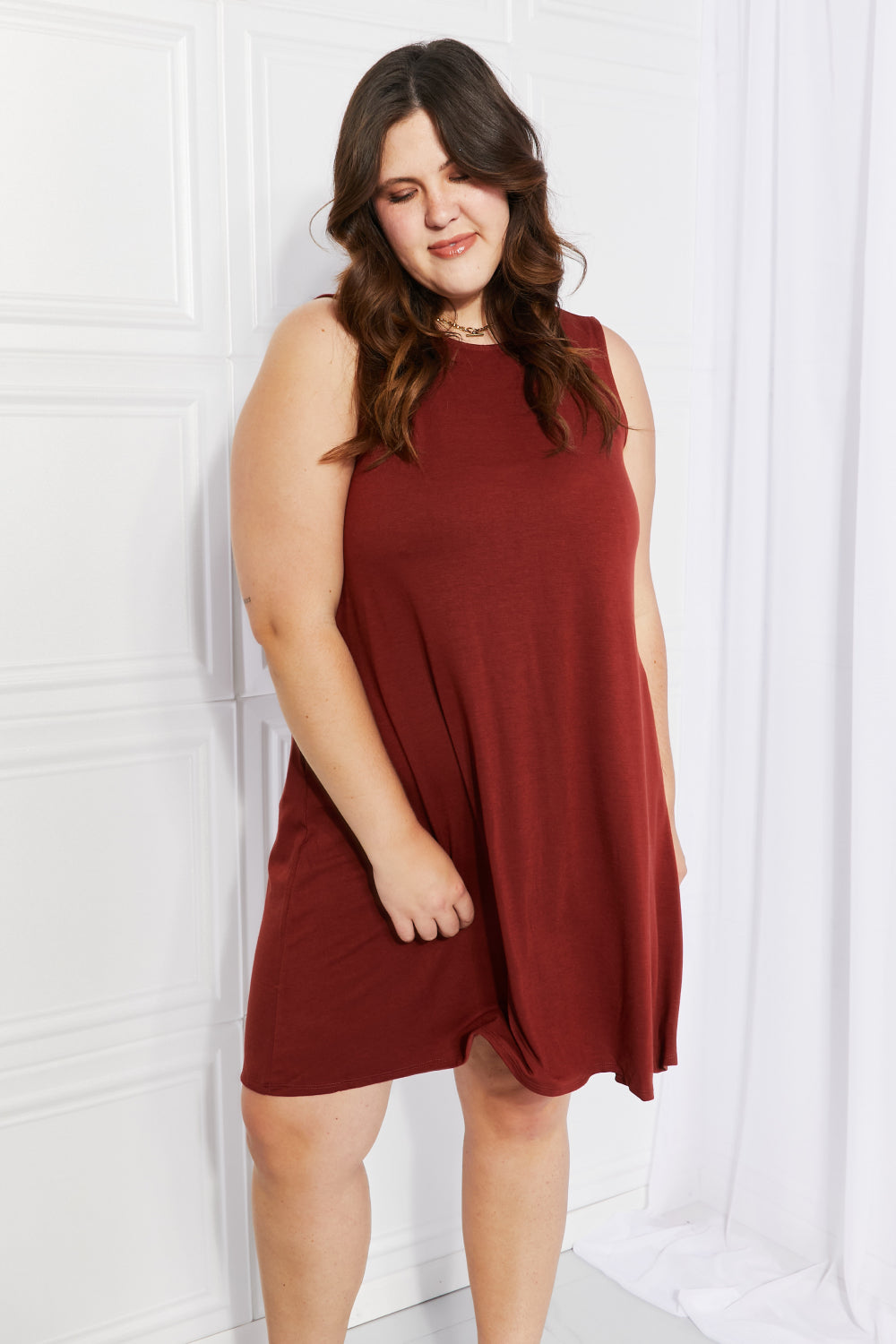 Dark Rust Round Neck Sleeveless Pocket Flowy Swing Mini Dress