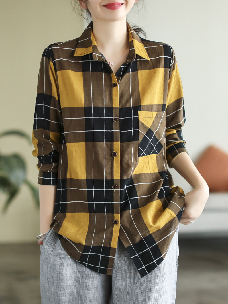 Collared Long Sleeve Plaid Button Front Chest Pocket Loose Shirt 7