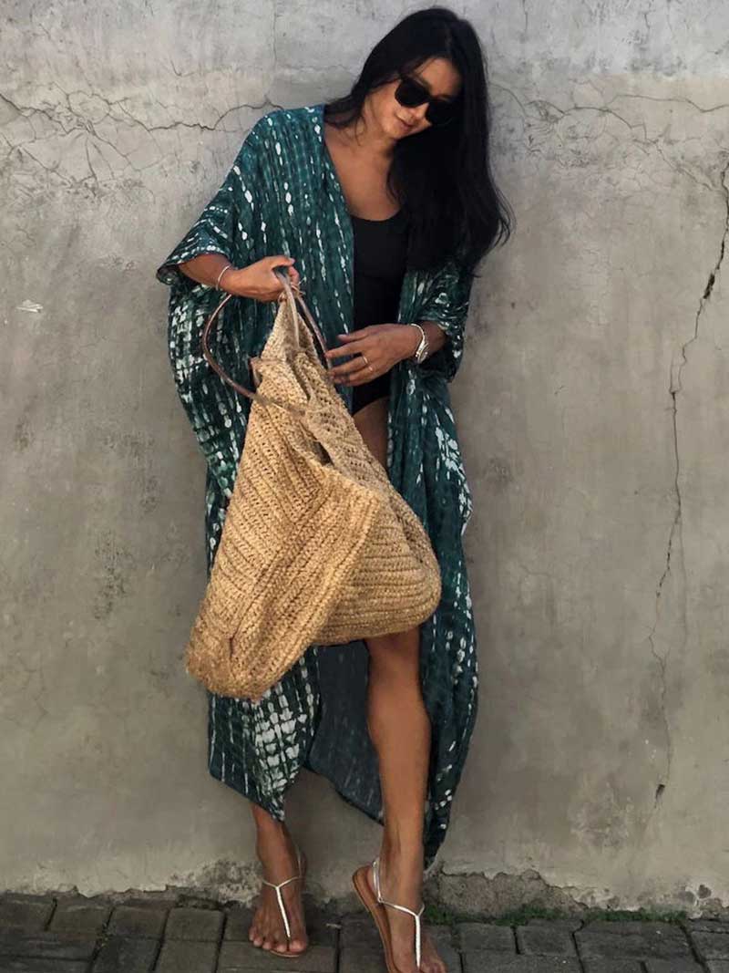 Tie-Dye Print Belted Short Sleeve Long Kimono Duster Robe 24