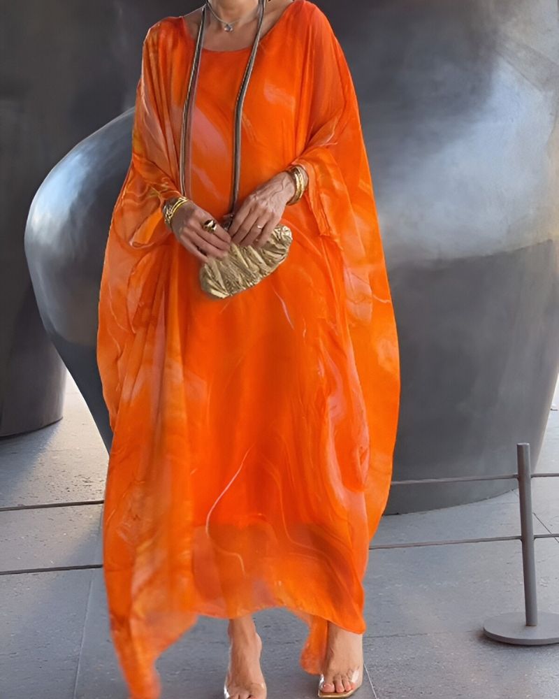 Round Neck Batwing Sleeve Abstract Marble Print Kaftan Maxi Dress