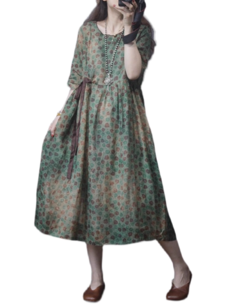 Round Neck Floral Print Side-Tie Short Sleeve A-Line Midi Dress