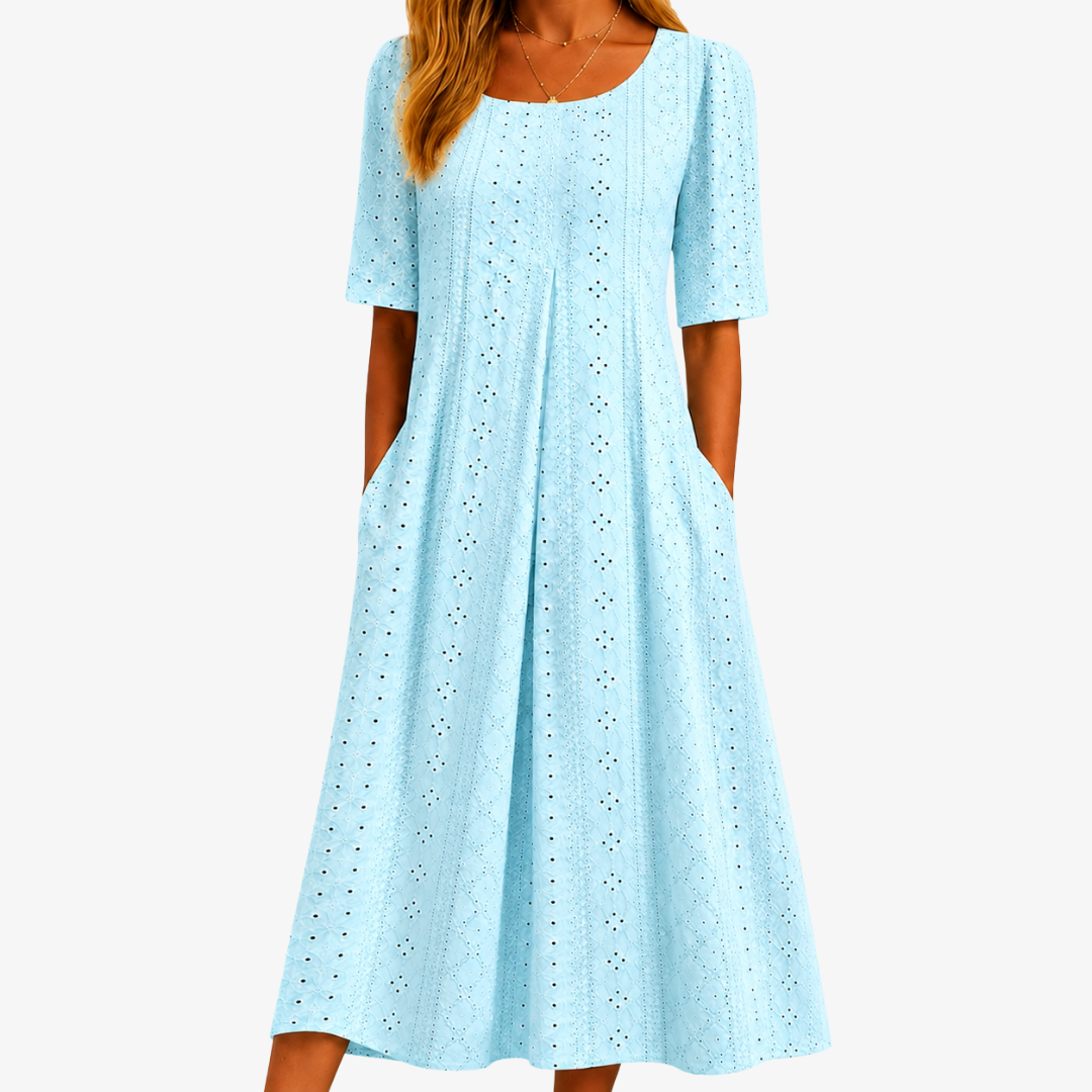 Scoop Neck Eyelet Embroidered Short Sleeve Pleated Pocket A-Line Midi Dress