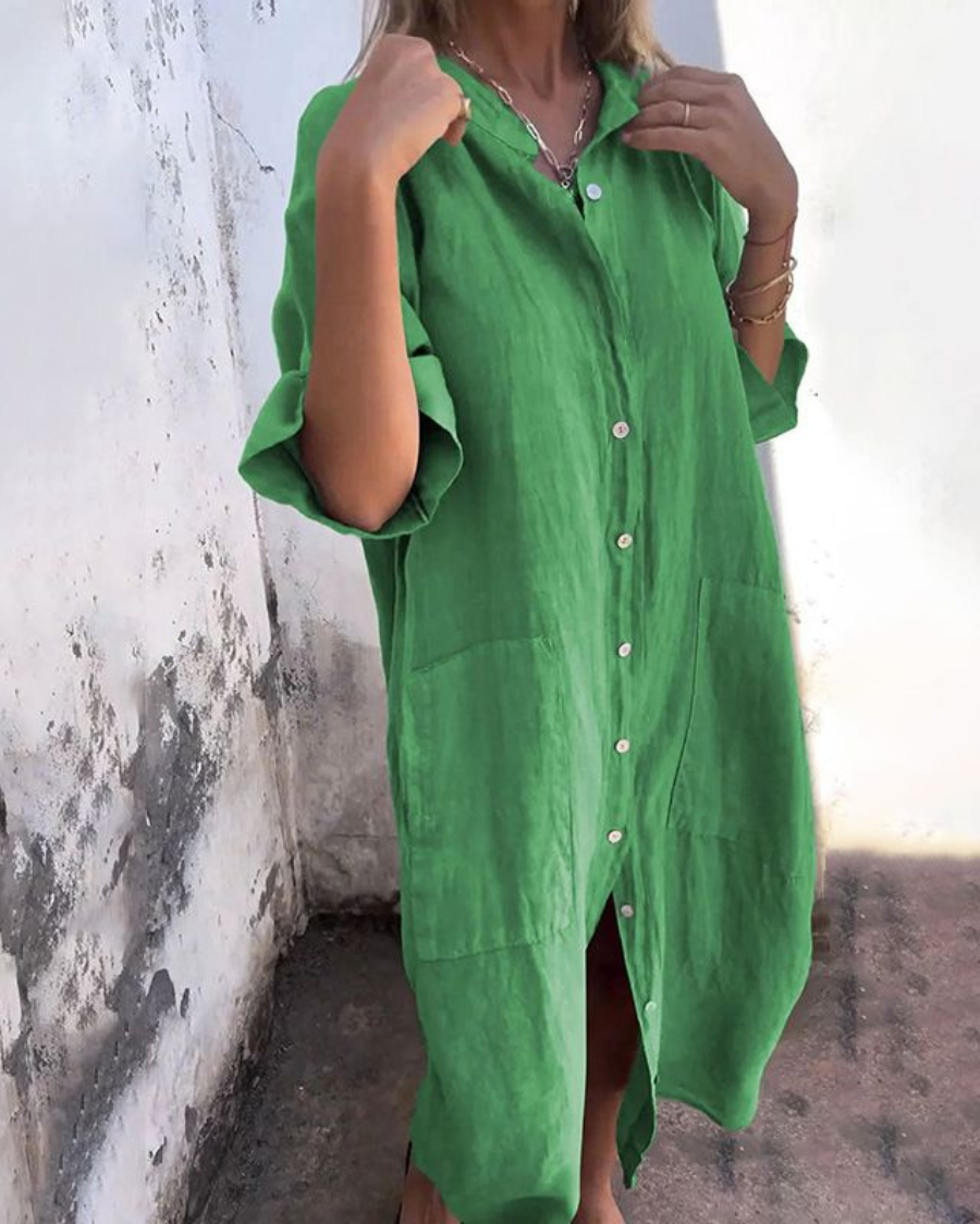 Collared Button Front Linen Pocket Shirt Midi Dress