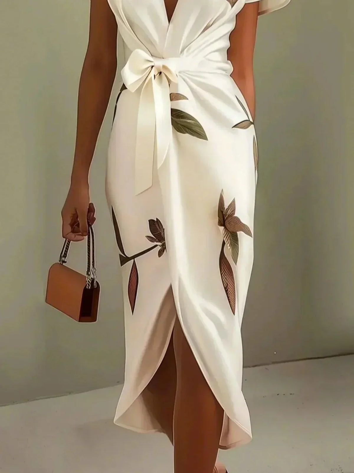 V-Neck Short Sleeve Leaf Print Tie Waist Wrap Midi Dress