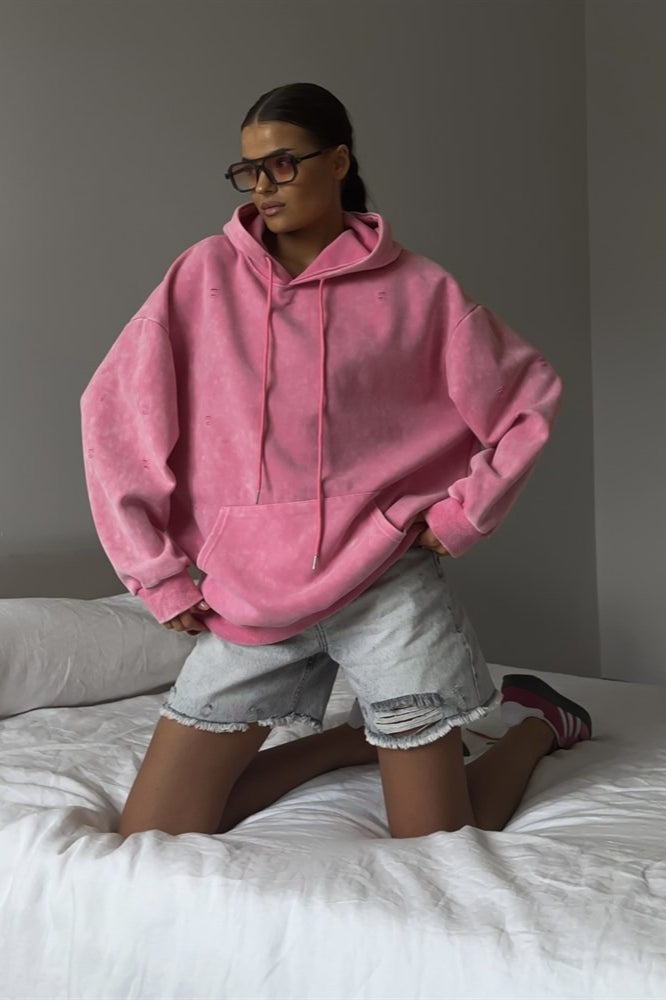 Distressed Washed Solid Cotton Hoodie