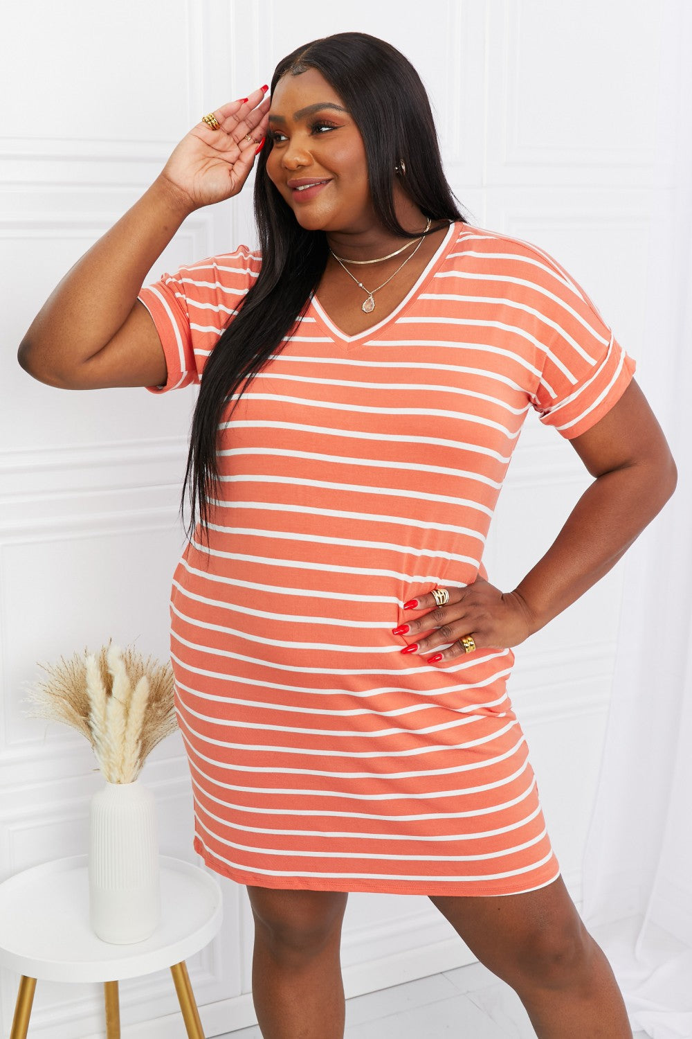 Ash Copper/ivory V-Neck Striped Short Sleeve Pocket Shift Midi Dress