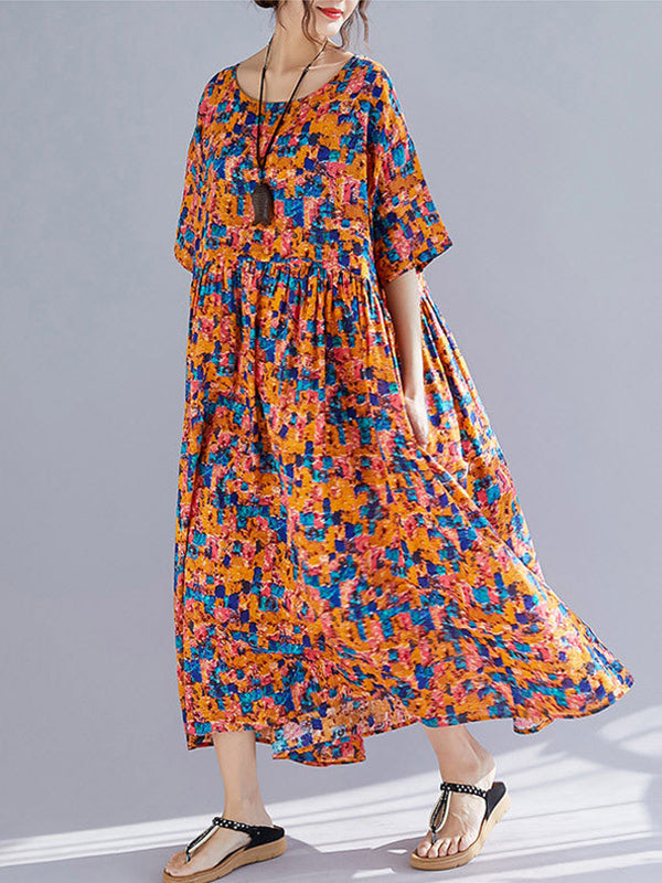 Multi Color Round Neck Abstract Floral Print Pleated Short Sleeve A-Line Maxi Dress