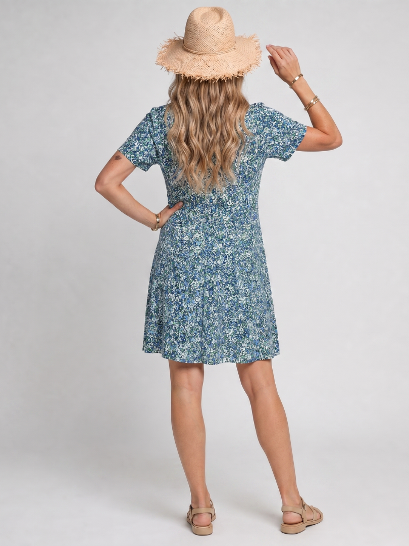 Blue V-Neck Ditsy Floral Print Button Front Tiered Mini Dress 4