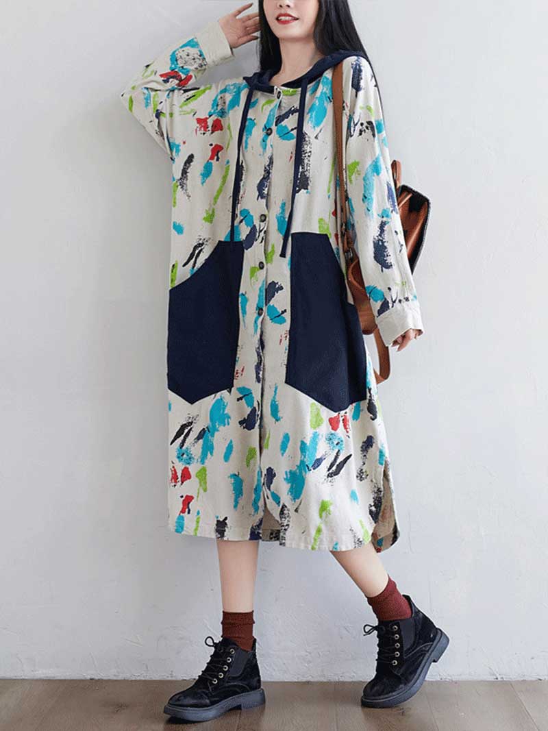 Hooded Button Front Abstract Print Patch Pocket Long Sleeve Midi Dress 6