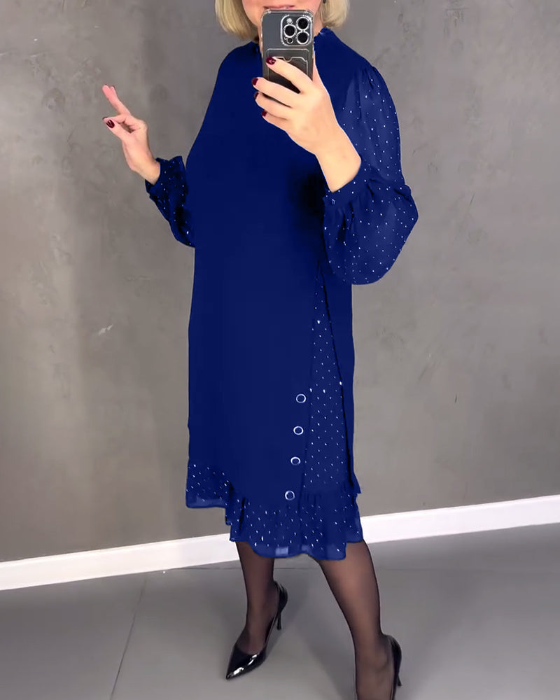 Round Neck Dot Mesh Sleeve Ruffle Hem Shift Midi Dress 10