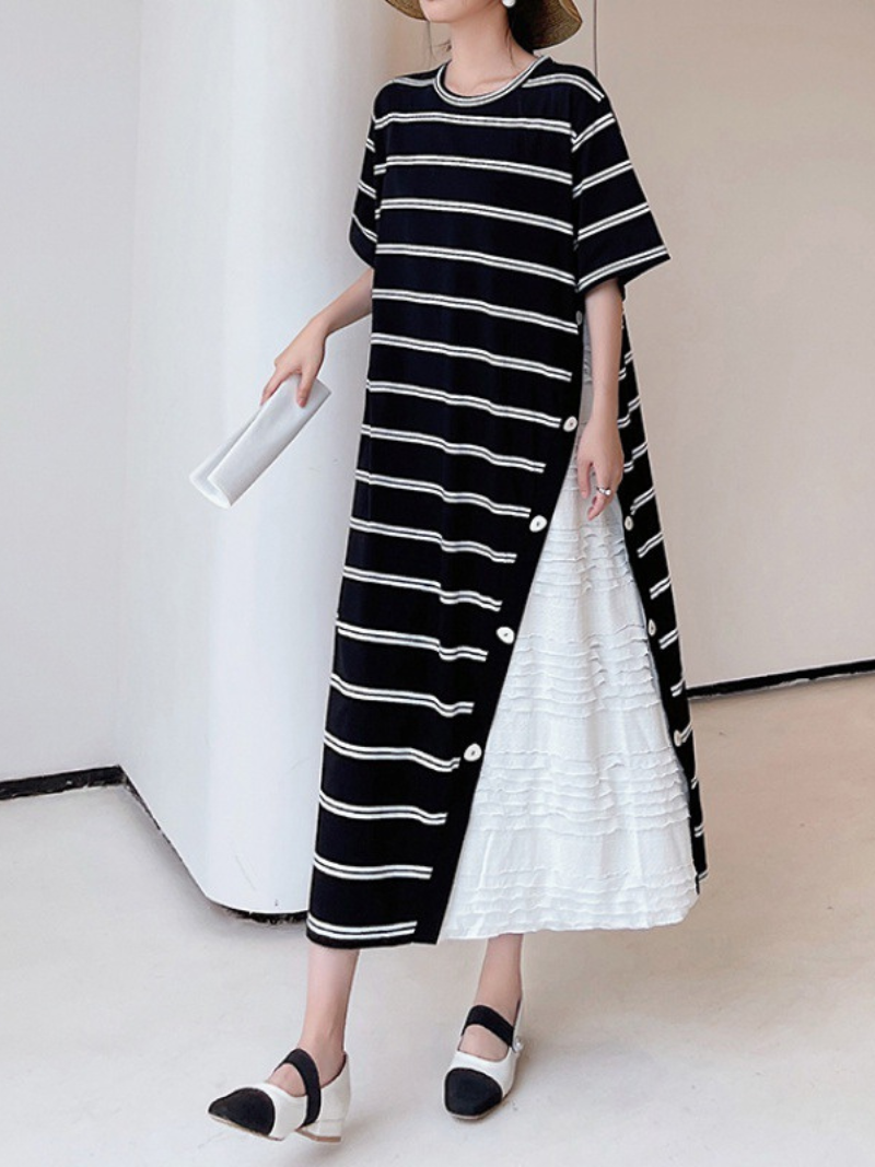 Black Round Neck Striped Short Sleeve Button Tiered Ruffle Maxi Dress 4