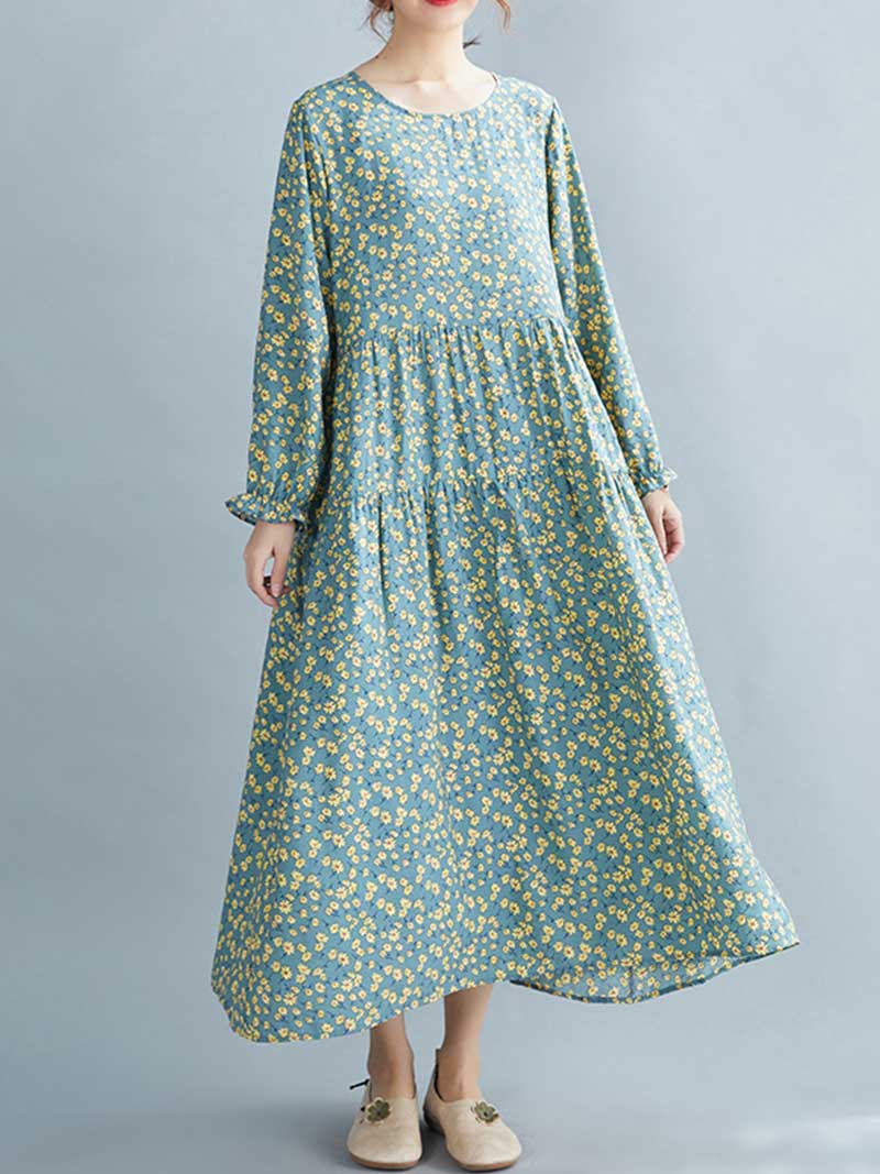 Green Round Neck Long Sleeve Ditsy Floral Print Tiered Midi Dress 4