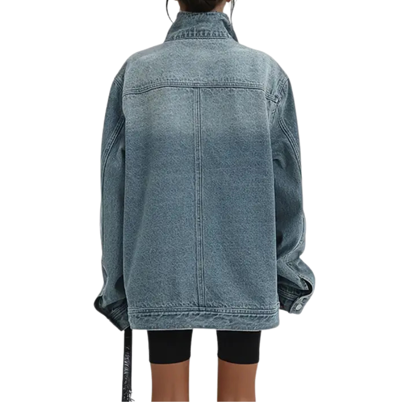 Stand Collar Asymmetric Button Oversized Denim Jacket 4