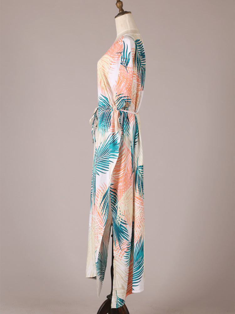Beige Tie Waist Palm Leaf Print Long Kimono Robe 2