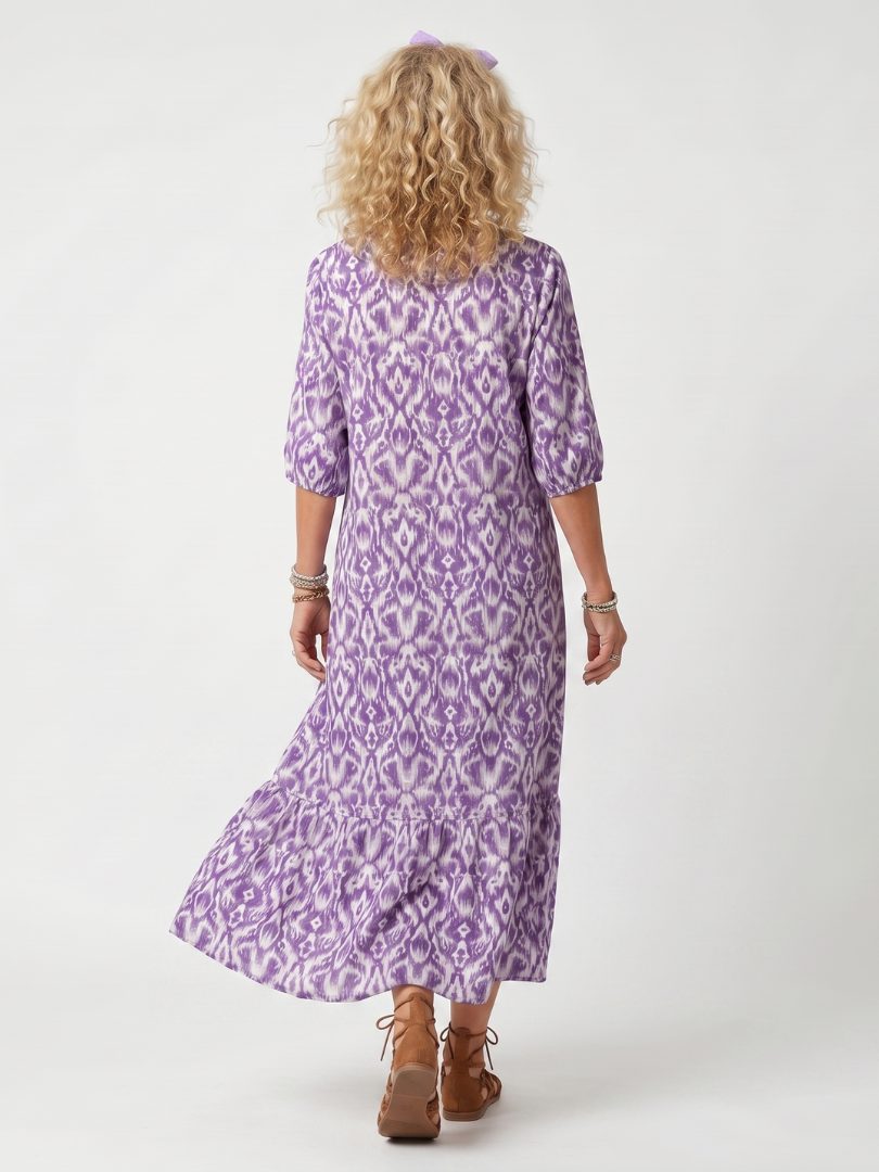 Purple Tassel Tie Neck Ikat Print Three Quarter Sleeve Tiered Maxi Dress 4