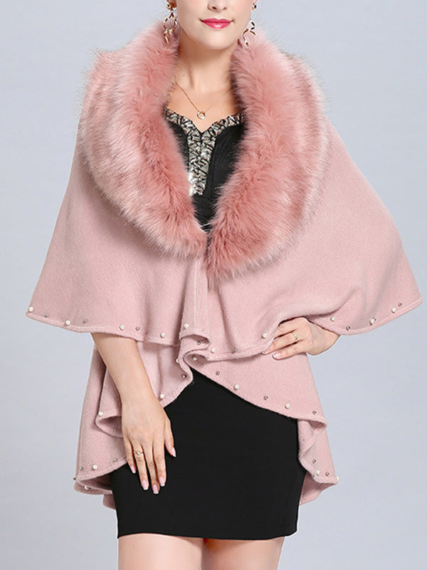 Fur Collar Pearl Trim Draped Knit Cape Cardigan 5